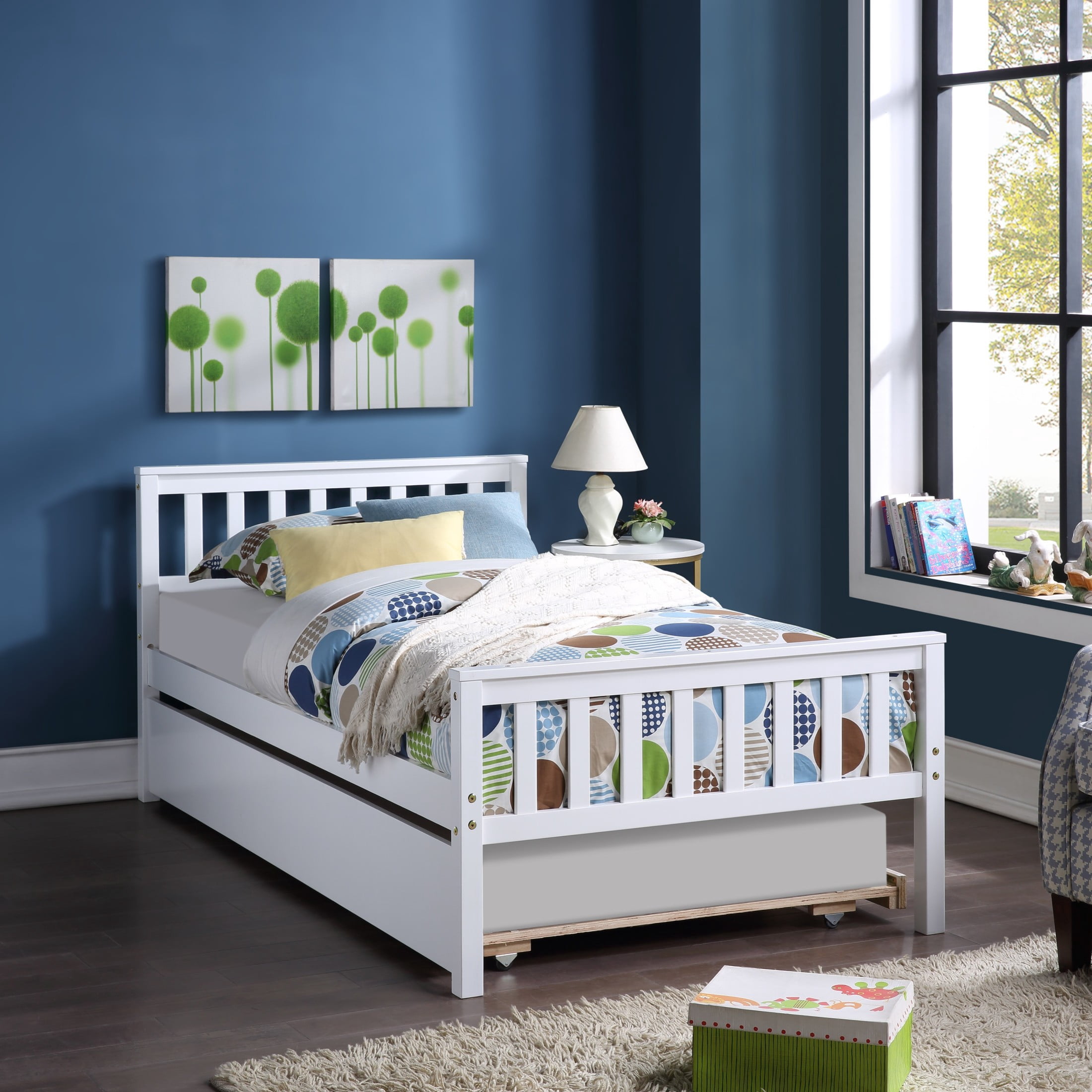 Noble House Kilby Twin Platform Bed with Pull-out Trundle, Hardside Pine Wood Bed Frame with Headboard, White