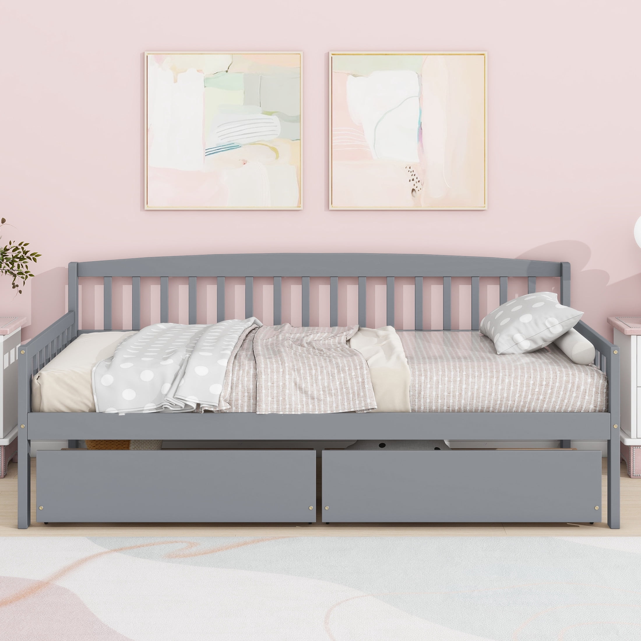Noble House Kim Twin-size Daybed with Two Storage Drawers, Pine Wood Frame Sofa Bed with Bed Platform, Grey