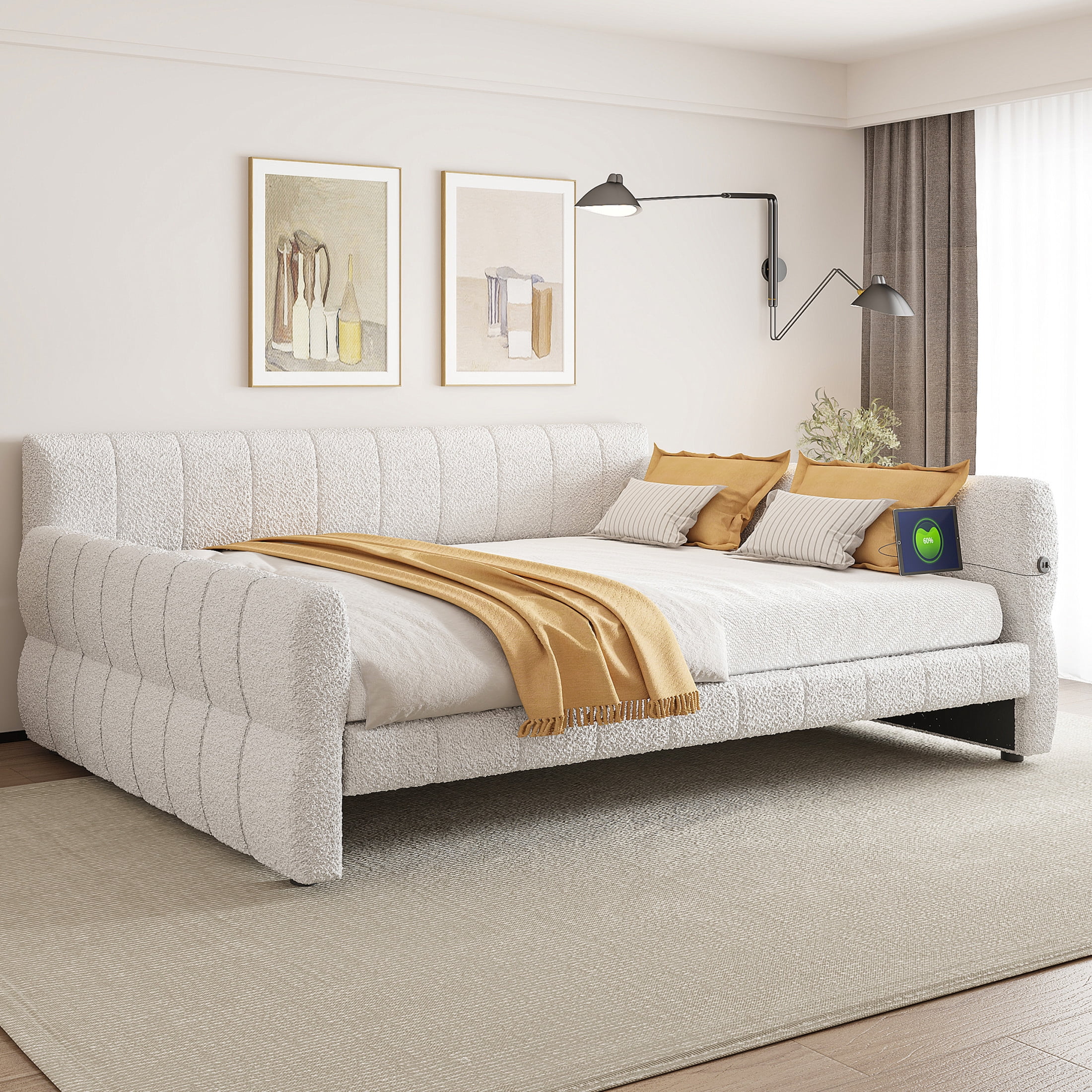 Noble House King Size Lambswool Upholstered Platform Bed, Pine Wood Bed Frame with USB Charging Port, White