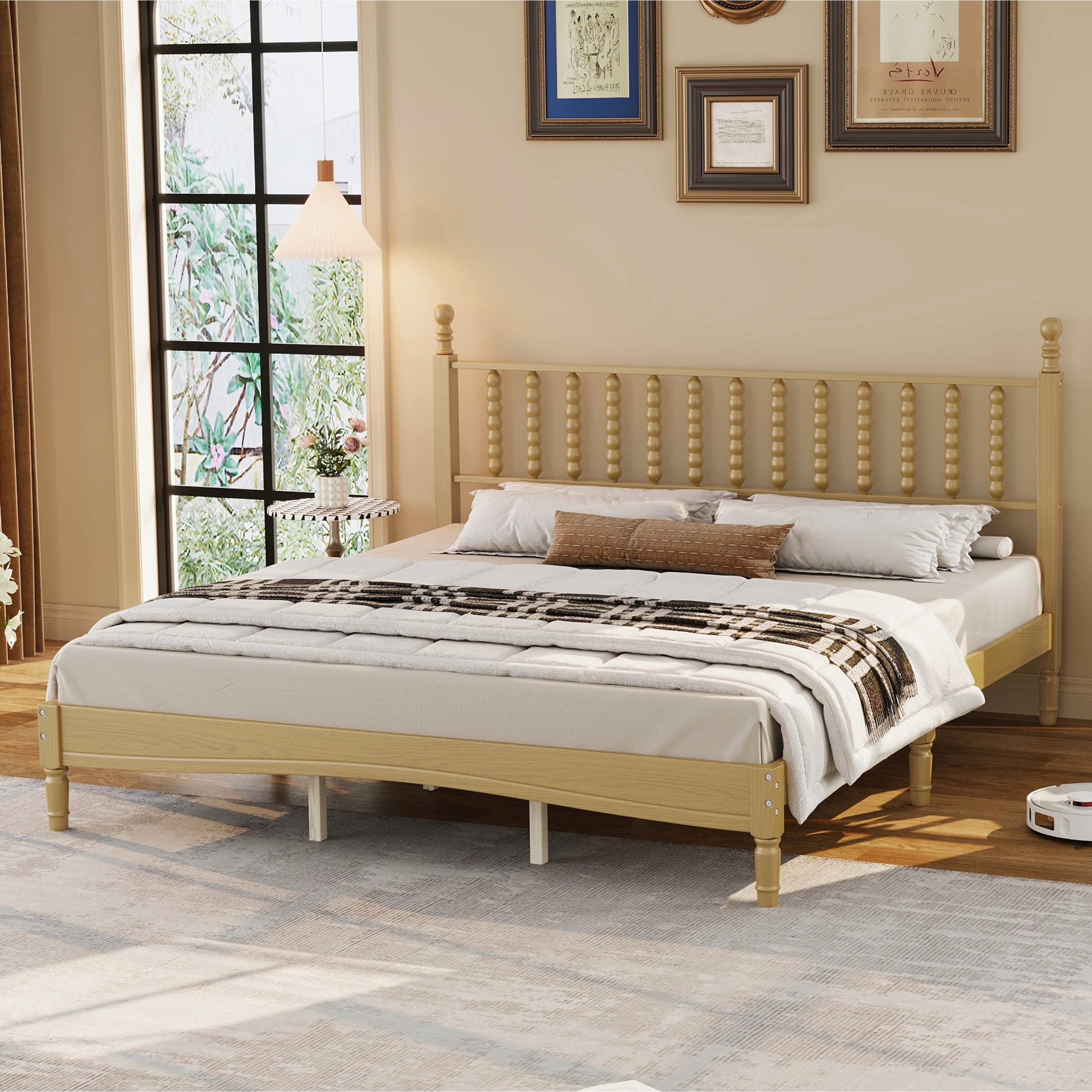 Noble House King Size Platform Bed with Gourd Shaped Headboard, Wooden Slat Support, Natural