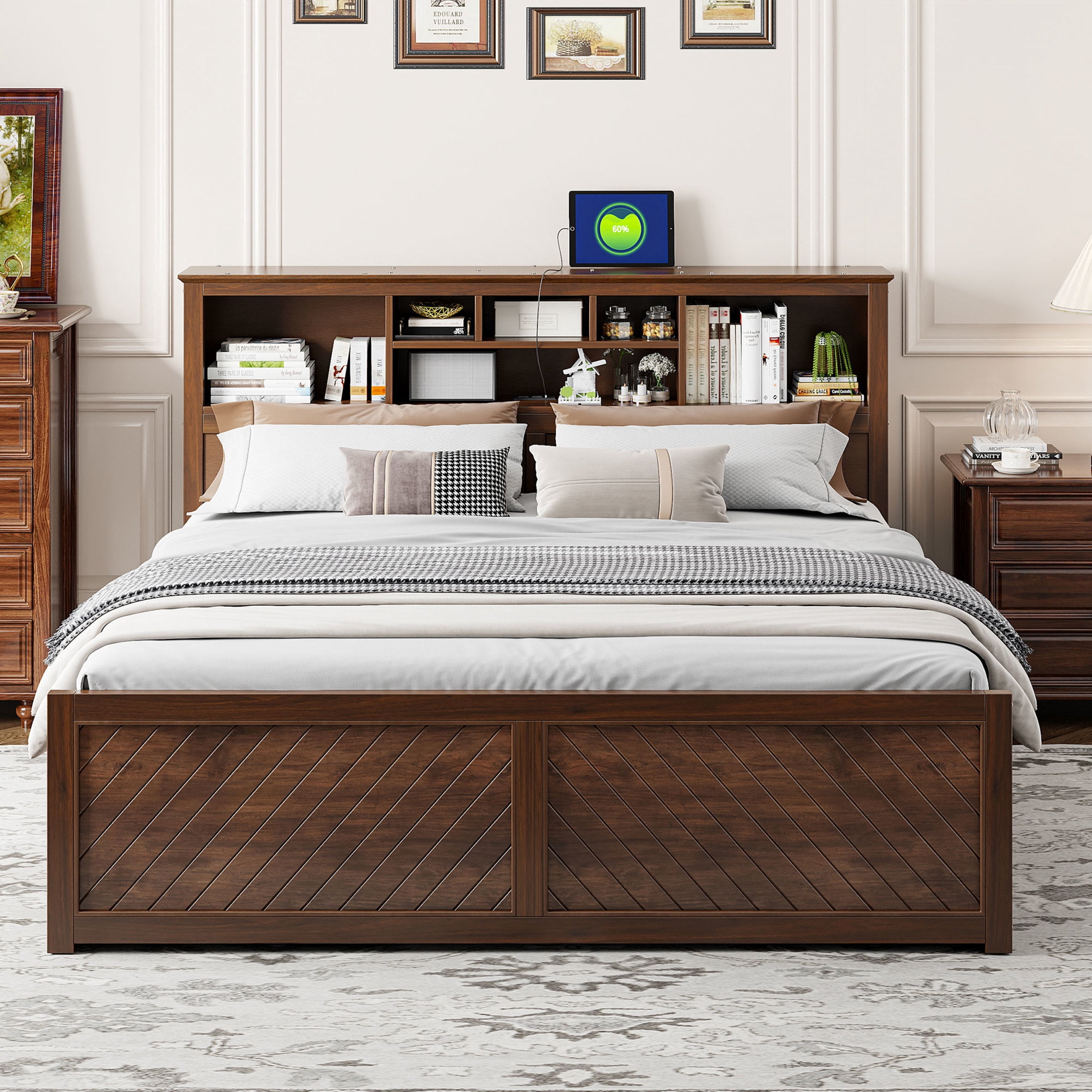 Noble House King Size Wood Platform Bed with 6 Shelf Storage Headboard, USB Ports and Integrated Drawers, Antique Wood