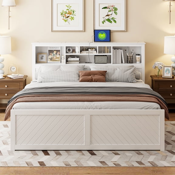 Noble House King Size Wood Platform Bed with 6 Shelf Storage Headboard, USB Ports and Integrated Drawers, White