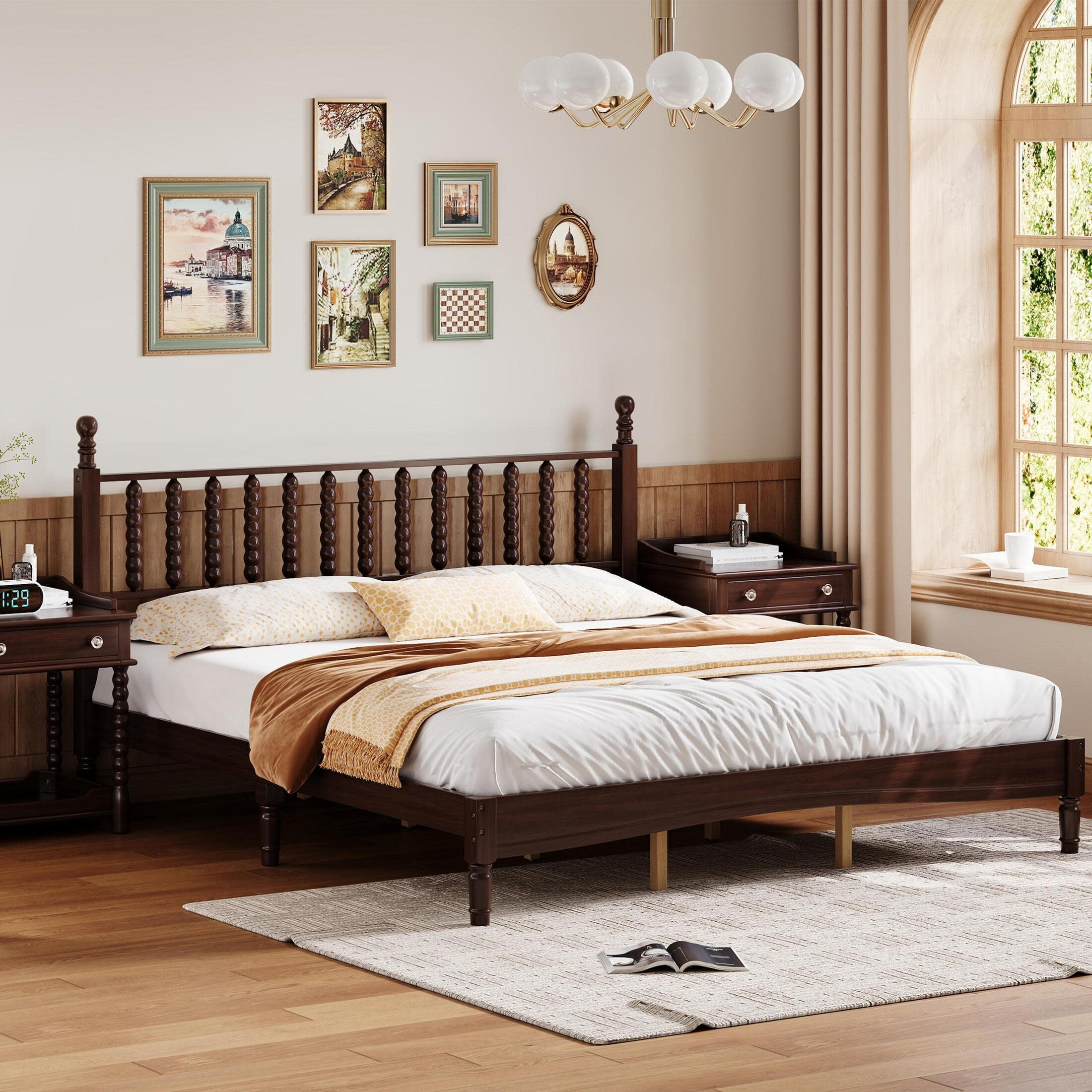 Noble House King Size Wood Platform Bed with Gourd-Shaped Headboard, Retro Style Bed with Wooden Slat Support, Walnut