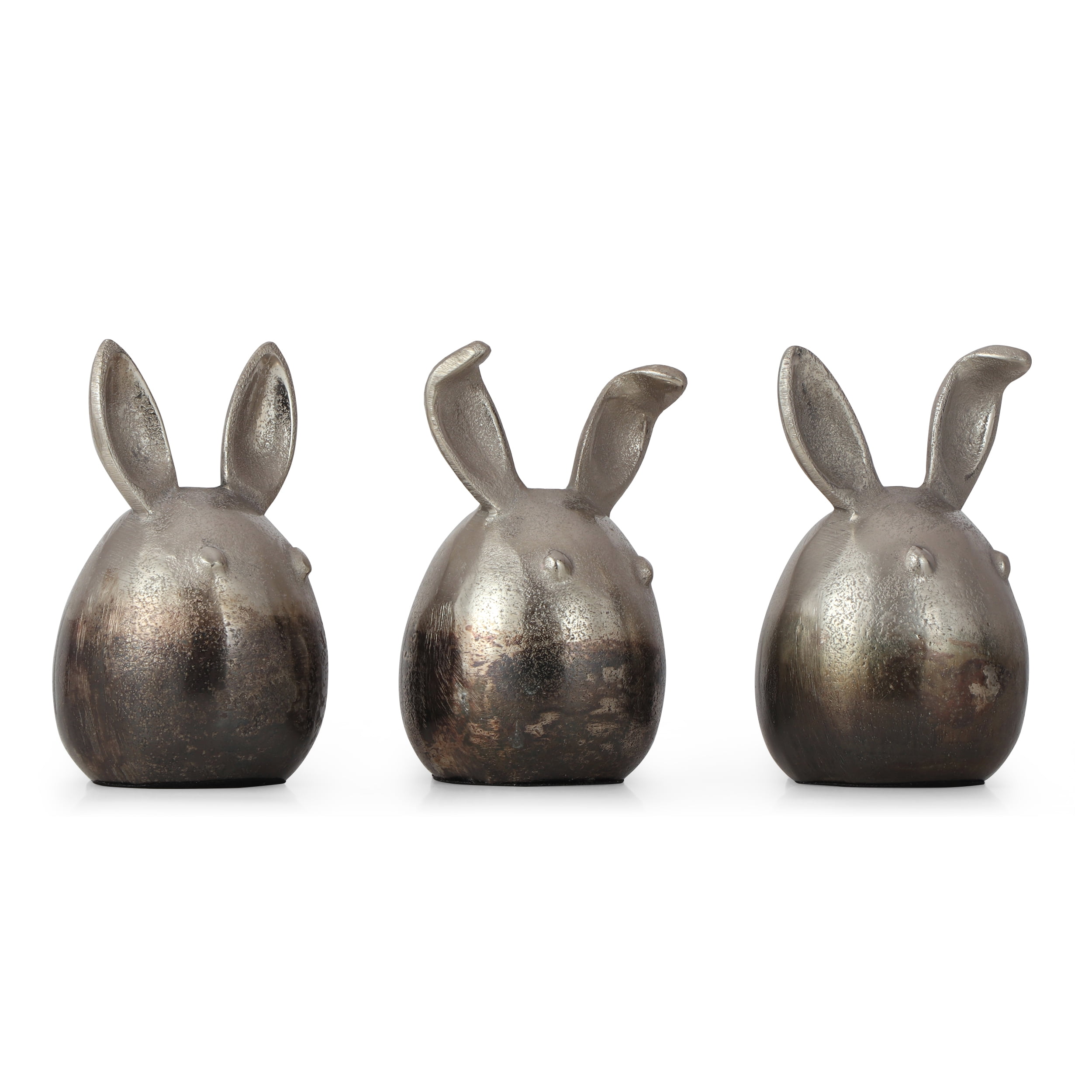 Noble House Kinner Aluminum Handcrafted Bunny Figurines (Set of 3), Pewter