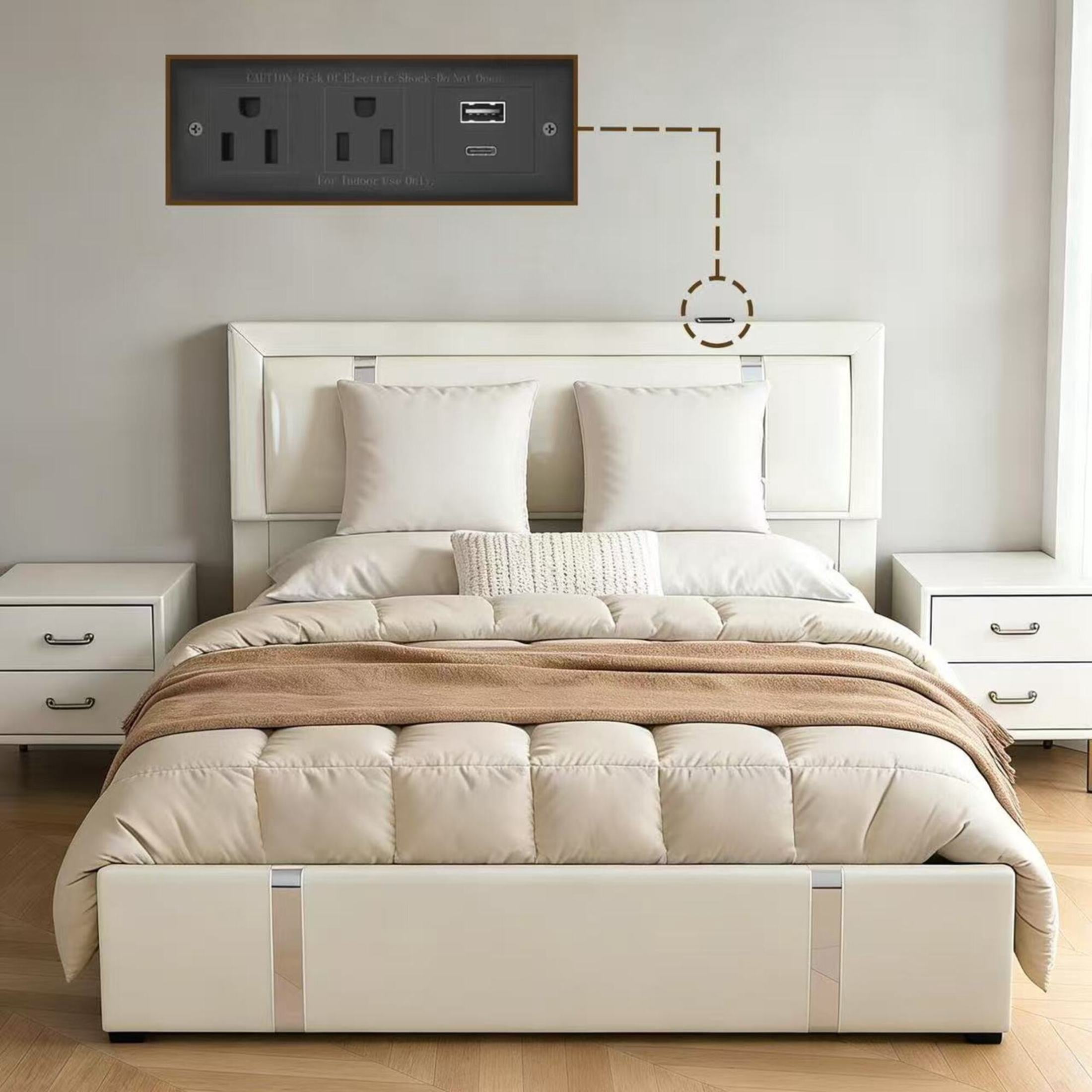 Noble House Kiran Full Size Upholstered Bed Frame with LED Light and Charging Ports, Hydraulic Lift-Up Storage, White
