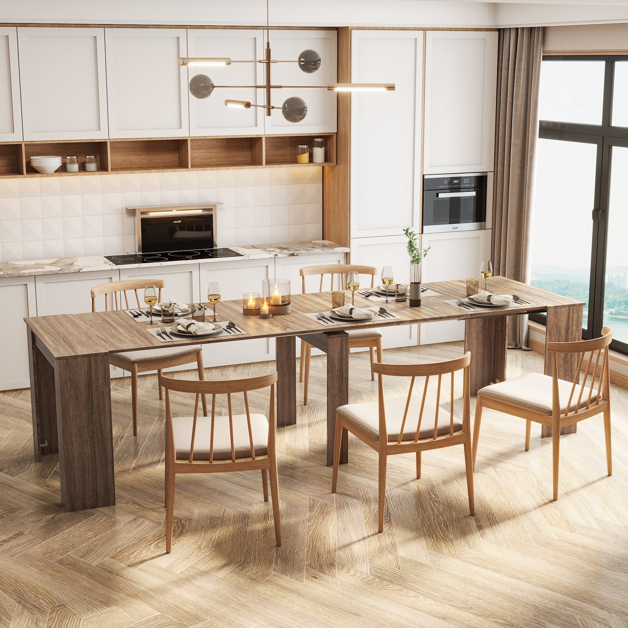 Noble House Kirk 118.1" Extendable Console Dining Table, MDF and Chipboard, Modern Space-Saving Leaf System, Brown