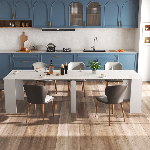 Noble House Kirk 118.1" Extendable Console Table, MDF Base with Faux Marble Tabletop, Convertible Dining Table, White