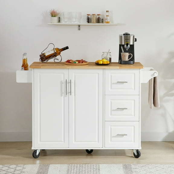 Noble House Kitchen Island Cart with Drop-Leaf Countertop, Storage Cabinet, Drawers & Racks, White