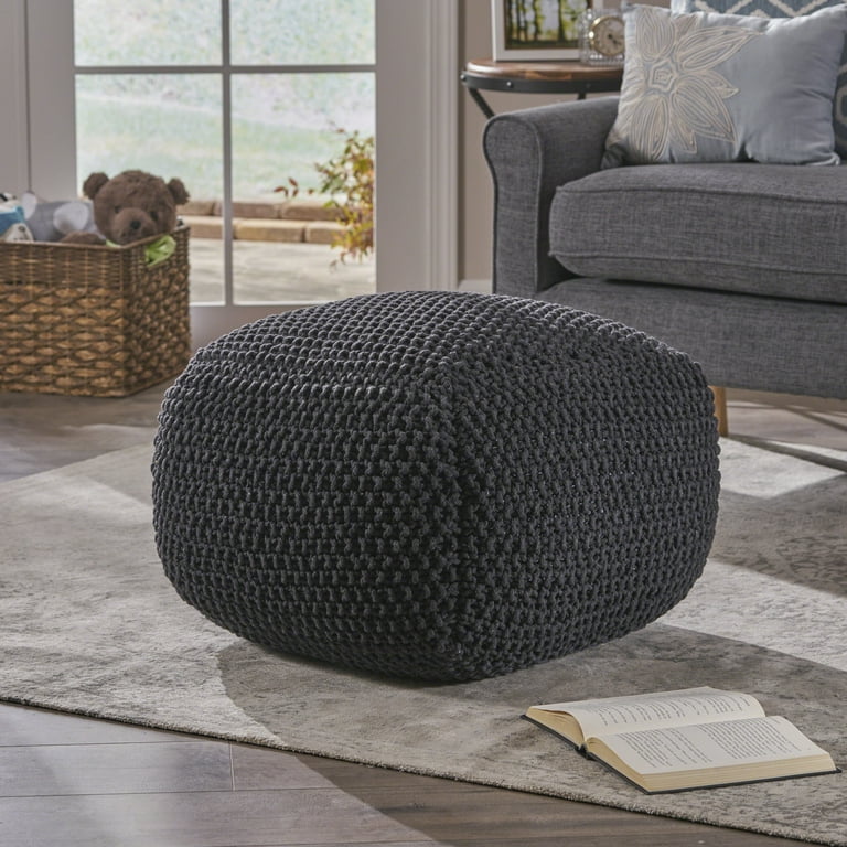 Round knitted ottoman made of cotton. online Knitted cotton soft gray pouf for extra seating and enjoyable time