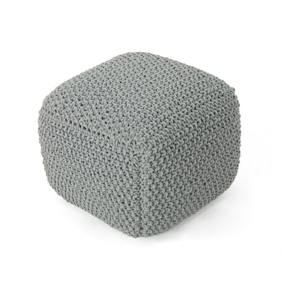 Noble House Knitted Cotton Square Pouf, Light Grey
