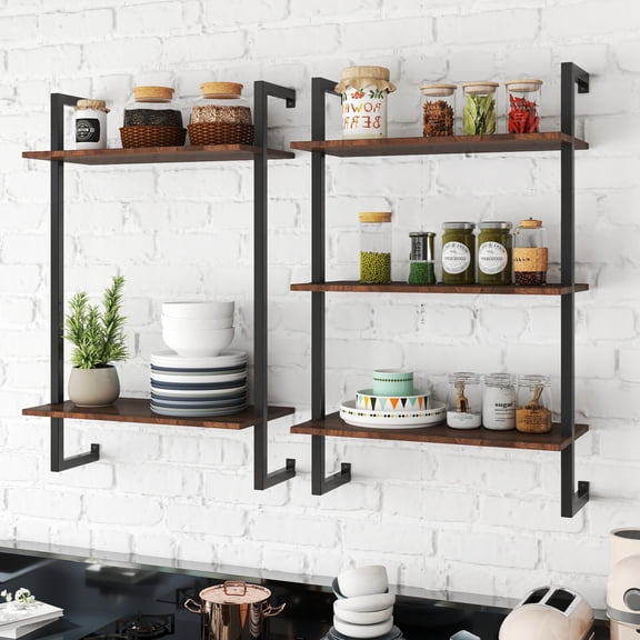 Noble House Kova 39" Metal Storage Wall Shelves, 3-Tier and 2-Tier Set with Hooks, Wooden Display Organizer, Walnut