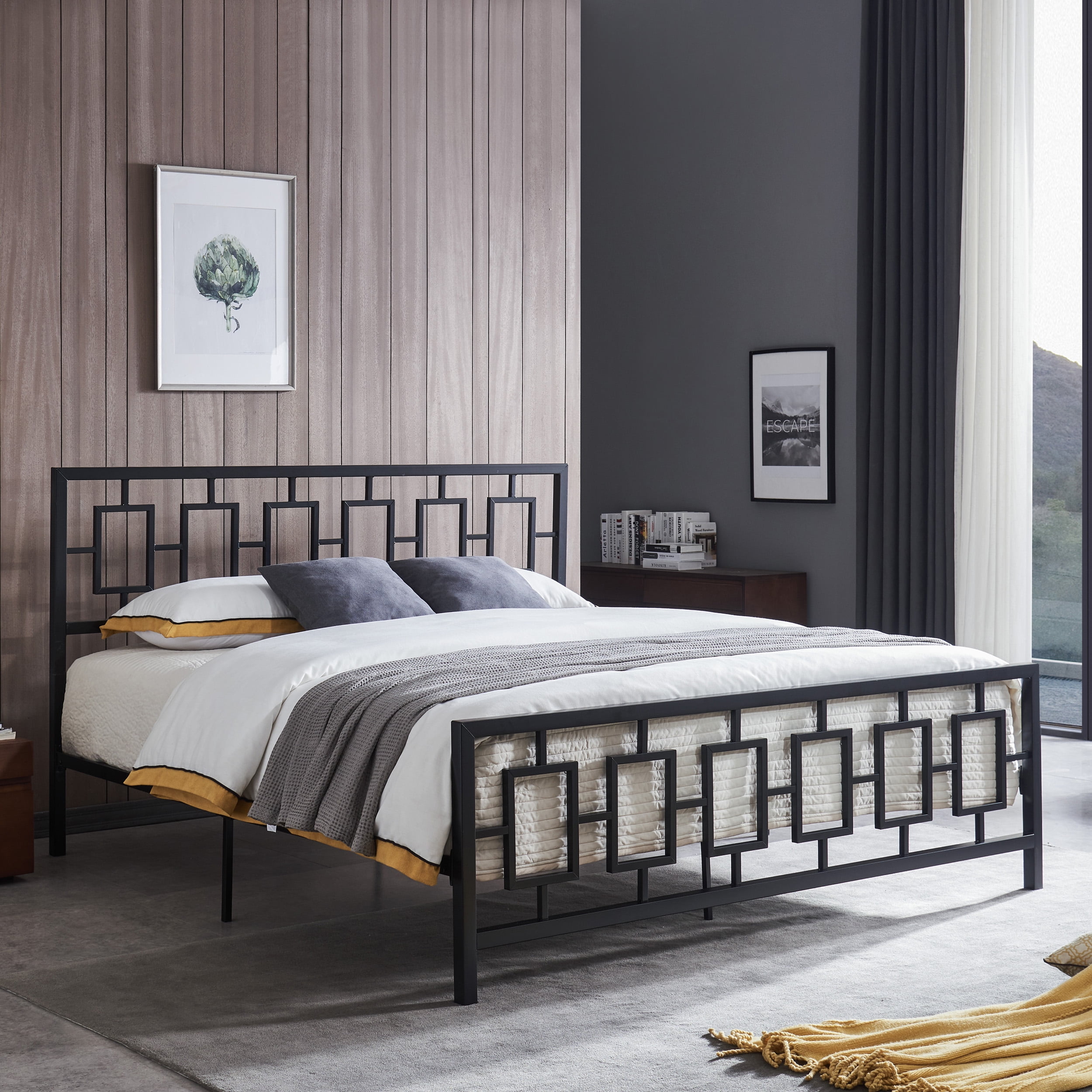 Noble House Krystin Modern King-Size Iron Bed Frame, Flat Black