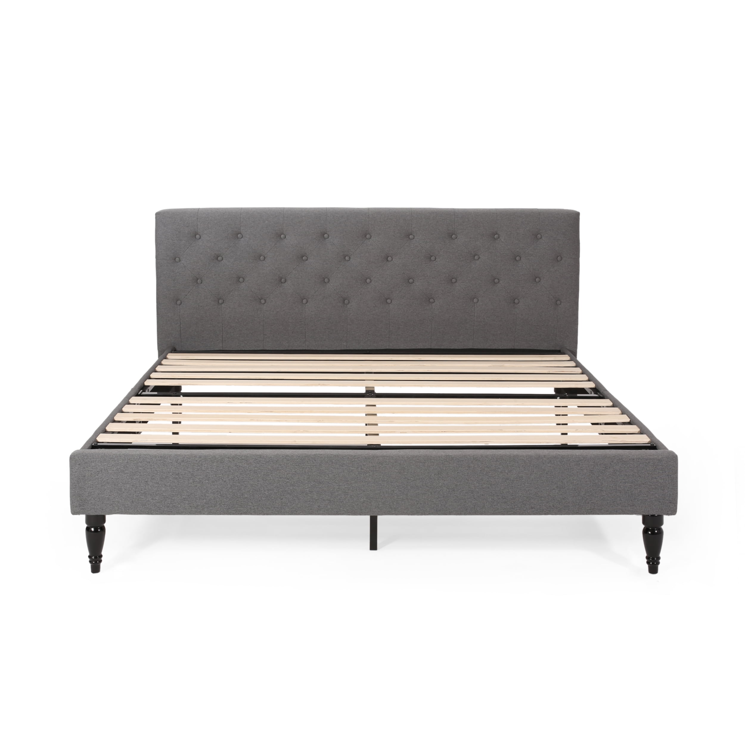 Noble House Kwan Contemporary Fully-Upholstered King Fabric Low-Profile Platform Bed Frame, Charcoal Gray, Black