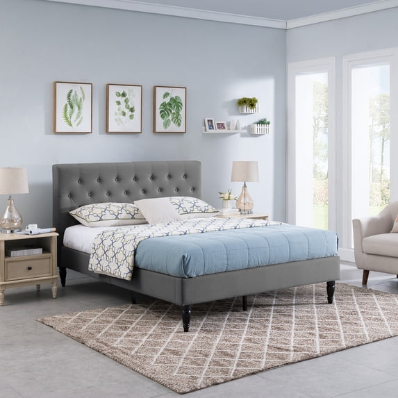 Noble House Kwan Contemporary Upholstered Fabric Low-Profile Queen Bed Frame, Charcoal Gray, Black