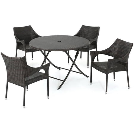 Noble House Kyler 5 Piece Wicker Foldable Patio Dining Set in Brown