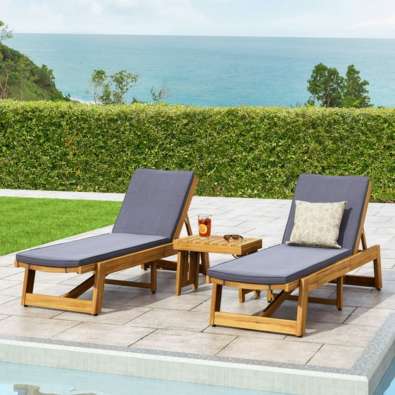 Noble House Kyoto Outdoor Wood 3-Pc Chaise Lounge Set & Cushion Teak/Dark Gray