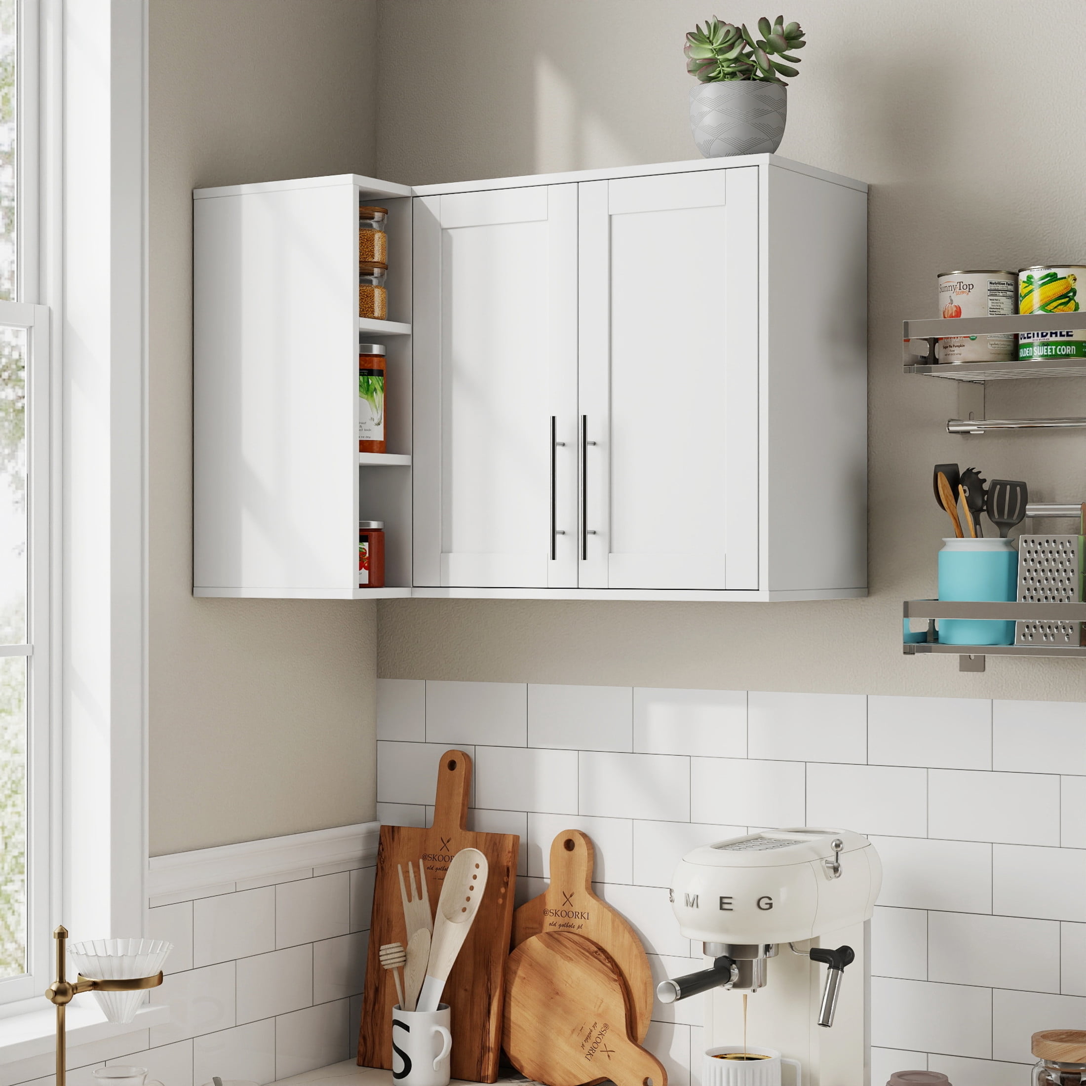 Noble House L-Shape Wall Mounted Kitchen Sideboard Cabinet with 2 Doors & 3 Tier Shelves, Hanging Storage Buffet, White