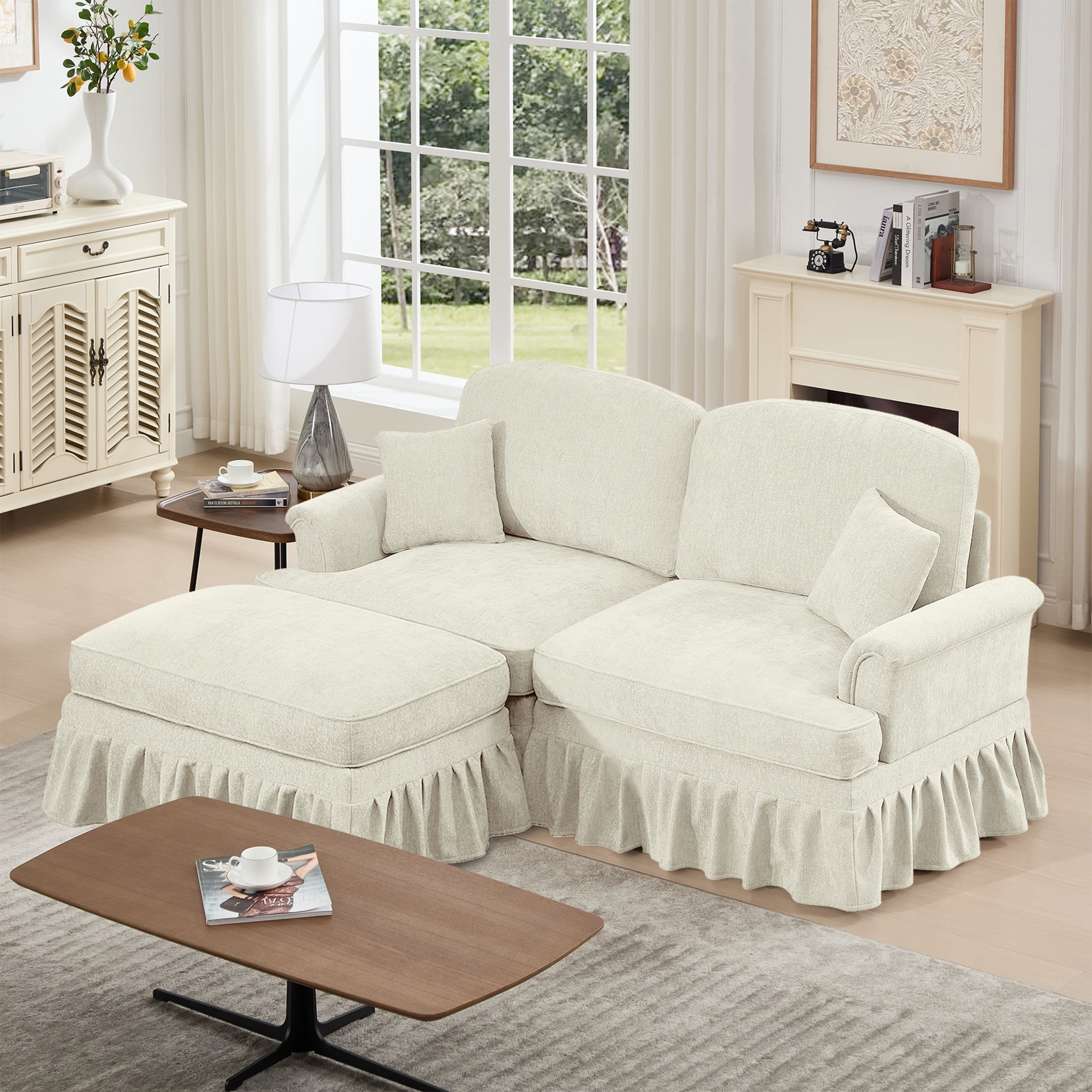 Noble House L-Shaped 2-Seater Sofa with Flared Arms, Removable Pleated Skirt, Spindle Legs, Chenille, Movable Ottoman, Beige White