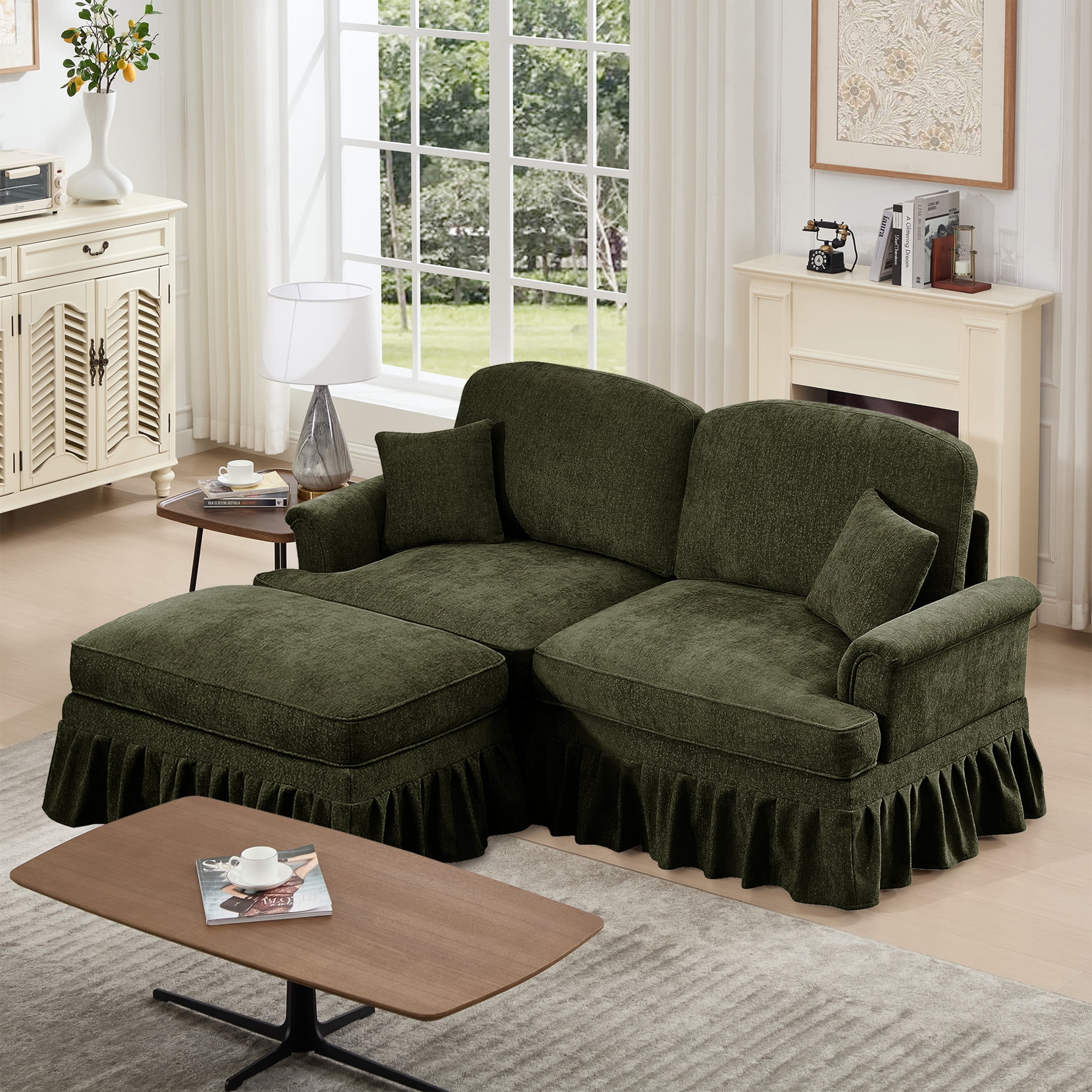 Noble House L-Shaped 2-Seater Sofa with Flared Arms, Removable Pleated Skirt, Spindle Legs, Chenille, Movable Ottoman, Green