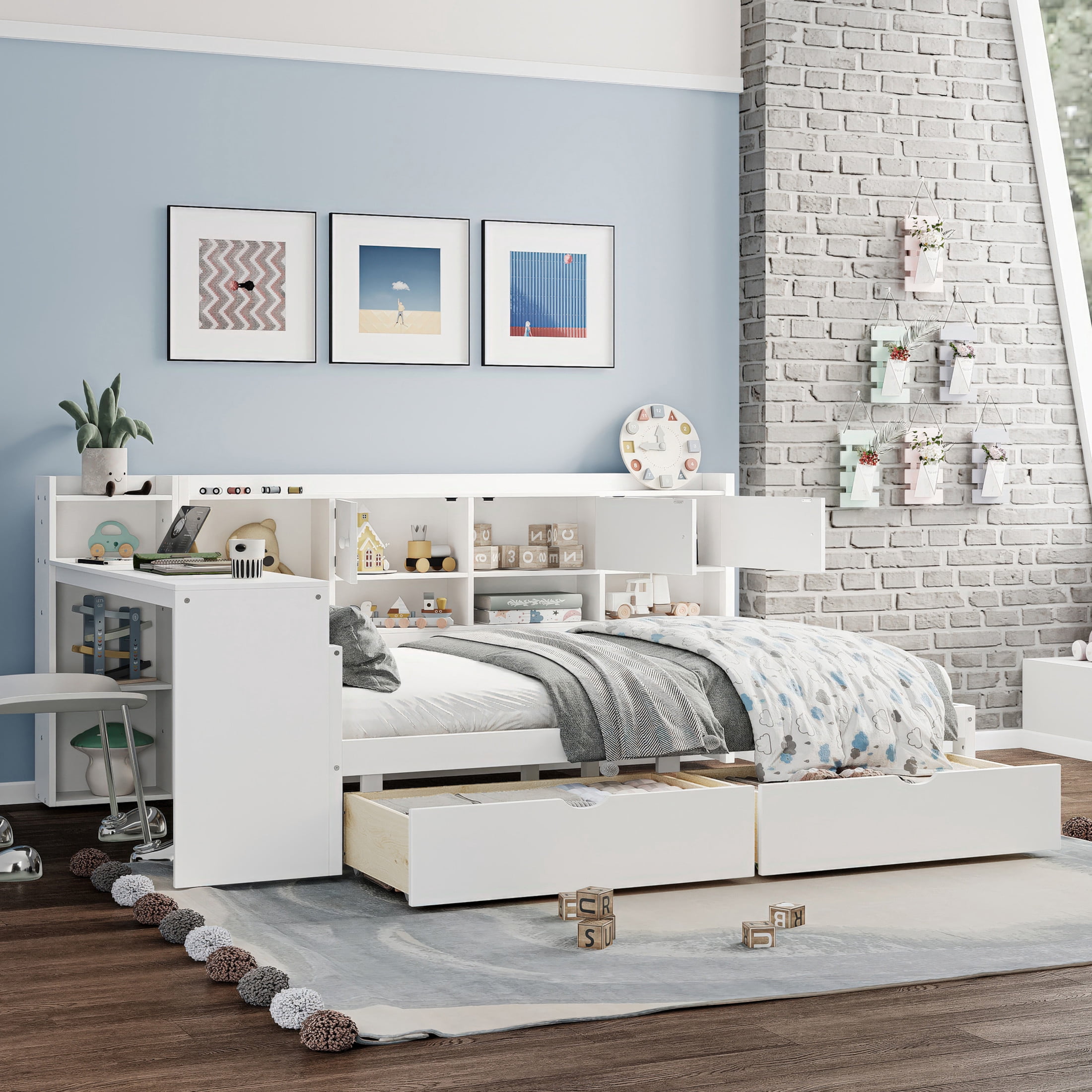 Noble House L-Shaped Full Daybed with Storage Shelves, Desk and 2 Drawers, White
