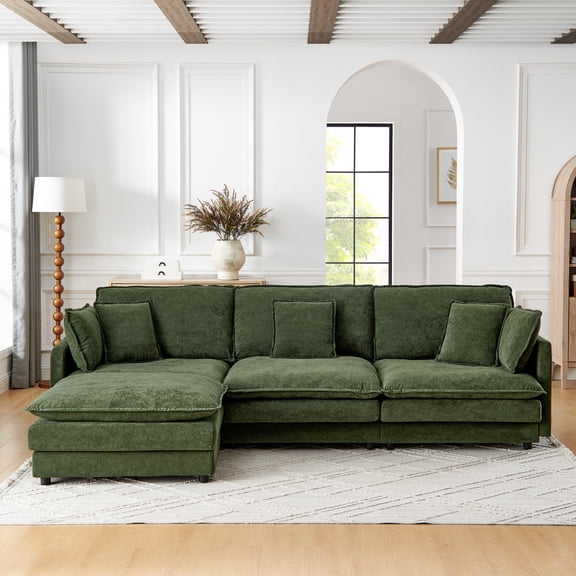 Noble House L-Shaped Soft Towel Sectional Sofa, Convertible Oversized 4-Seater Couch with Storage Ottoman, Green