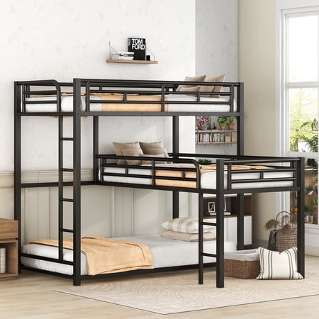 Noble House L-Shaped Triple Twin Bunk Bed, Industrial Metal 3-Tier Space-Saving Bunk Bed, Space Saving, Black