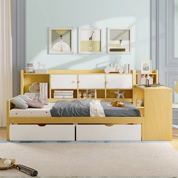 Noble House L-Shaped Twin Daybed with Storage Shelves, Desk and 2 Drawers, Natural   White