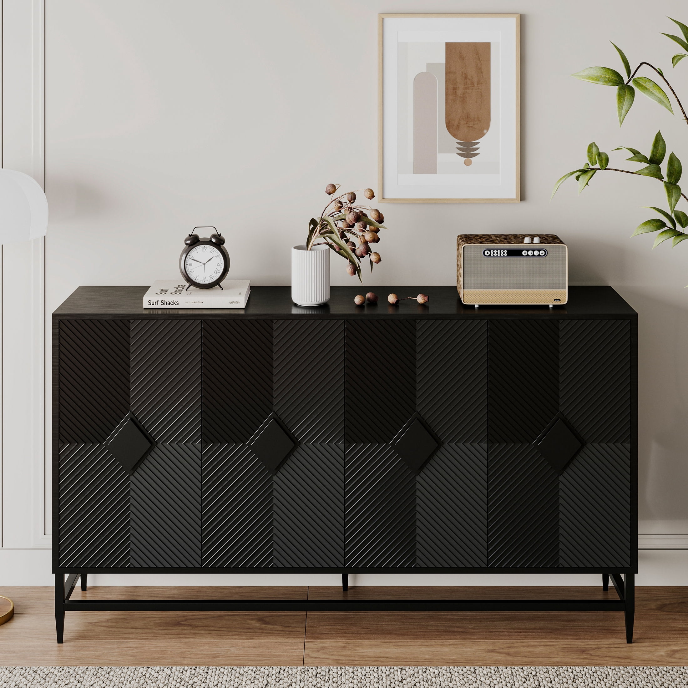 Noble House Lacquered Wooden Storage Buffet Cabinet with Adjustable Shelves, for Living Room & Kitchen, Matte Black