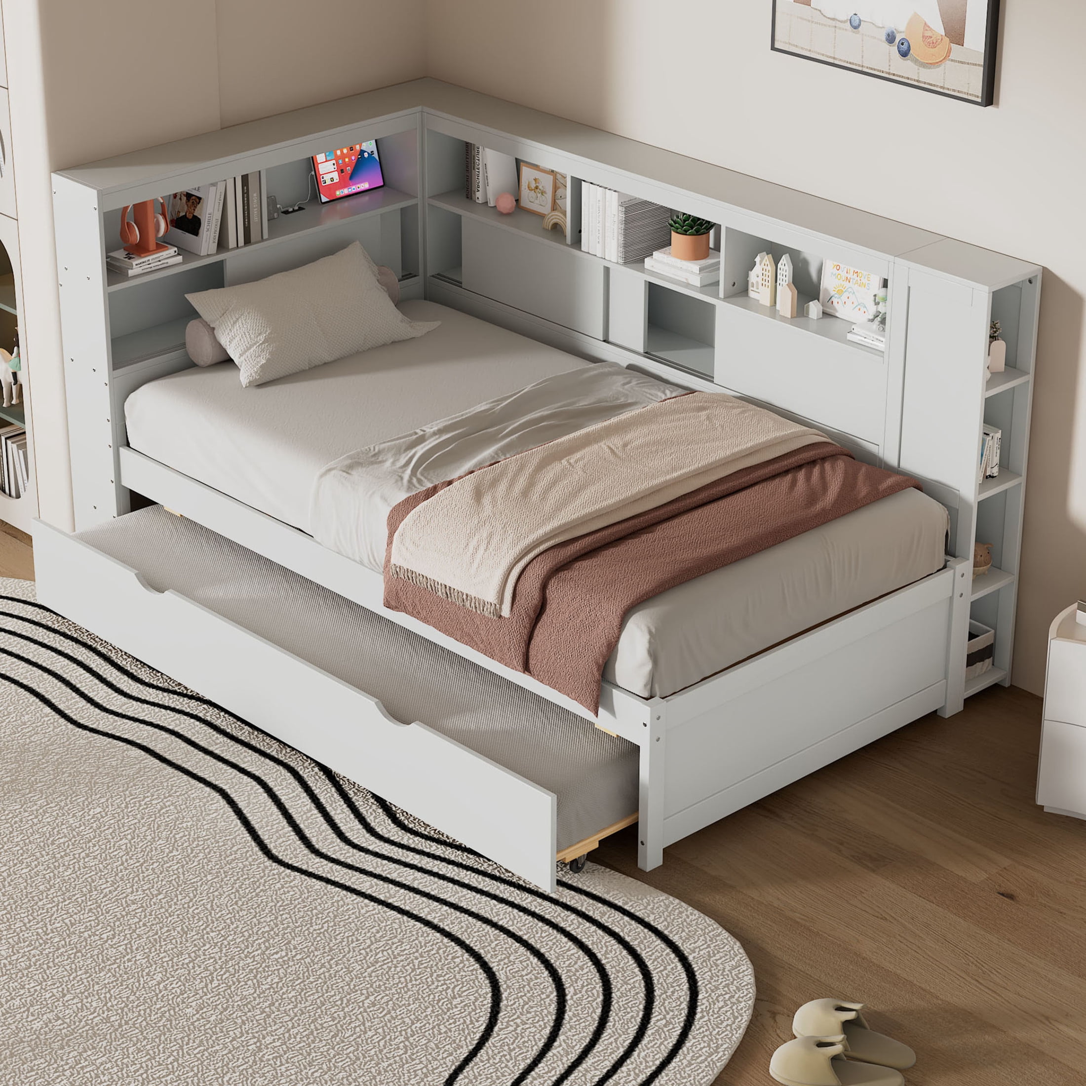 Noble House Ladd Twin Daybed with Storage Shelves and Twin Trundle, USB Charging Station, Pine Wood Frame, White