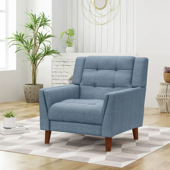 Noble House Laiah Mid Century Modern Fabric Tufted Arm Chair, Blue