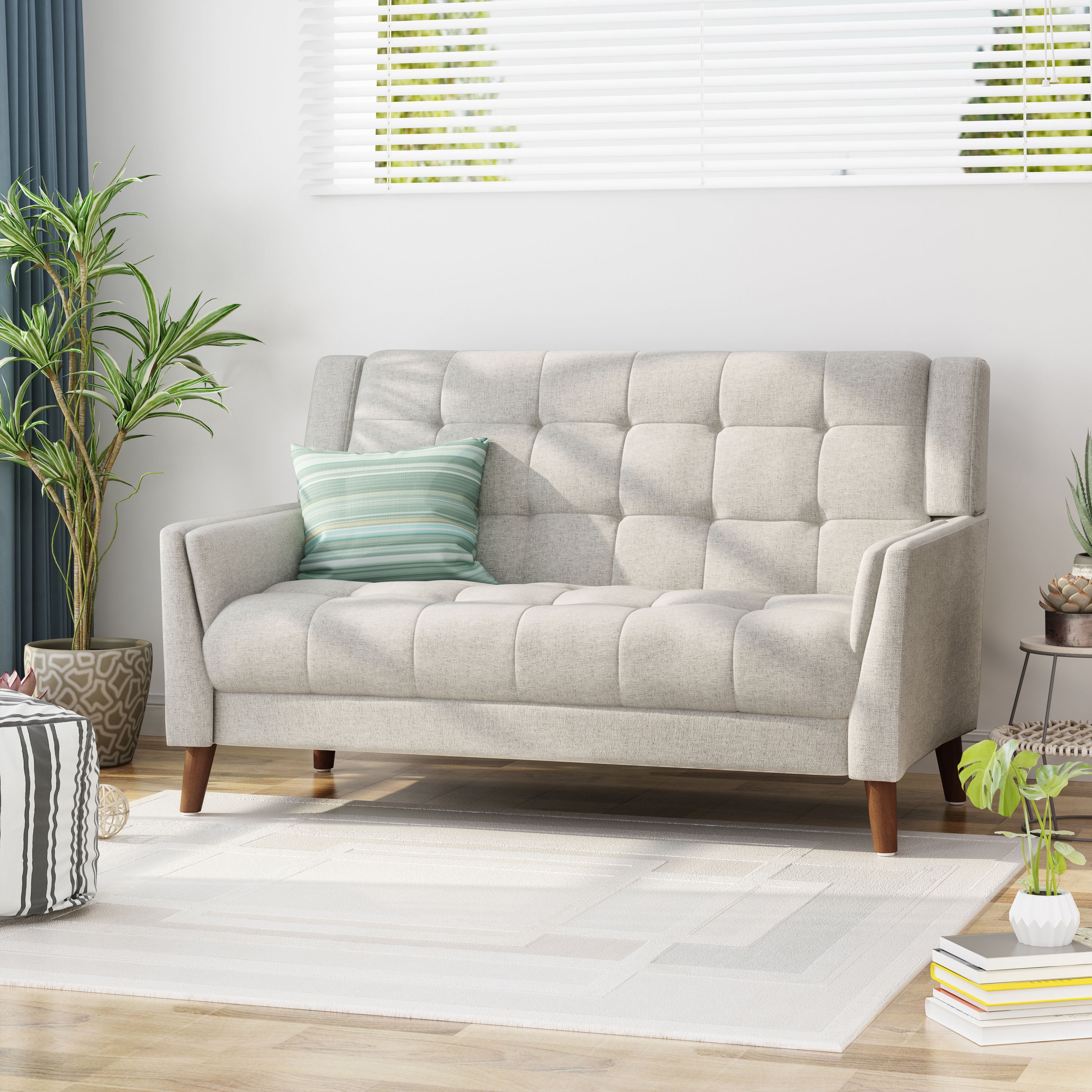 Noble House Laiah Mid Century Modern Fabric Tufted Loveseat, Beige