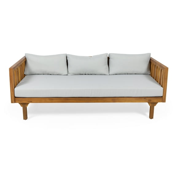 Noble House Lainey Outdoor 3-Seater Acacia Wood Daybed, Teak, Light Gray