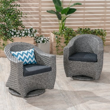 Noble House Larchmont Handcrafted Wicker Swivel Chairs with Cushions, Black/Grey Mist (Set of 2)