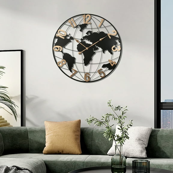 Noble House Large Black Metal World Map Wall Clock, Silent Design with Vintage Gold Arabic Numerals, Modern Decorative Clock, Black + Gold