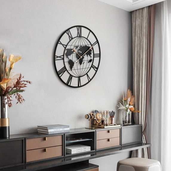 Noble House Large Black Metal World Map Wall Clock, Silent Modern Design with Gold Pointers, Decorative Clock for Home, Black Roman Numerals,Black + Gold