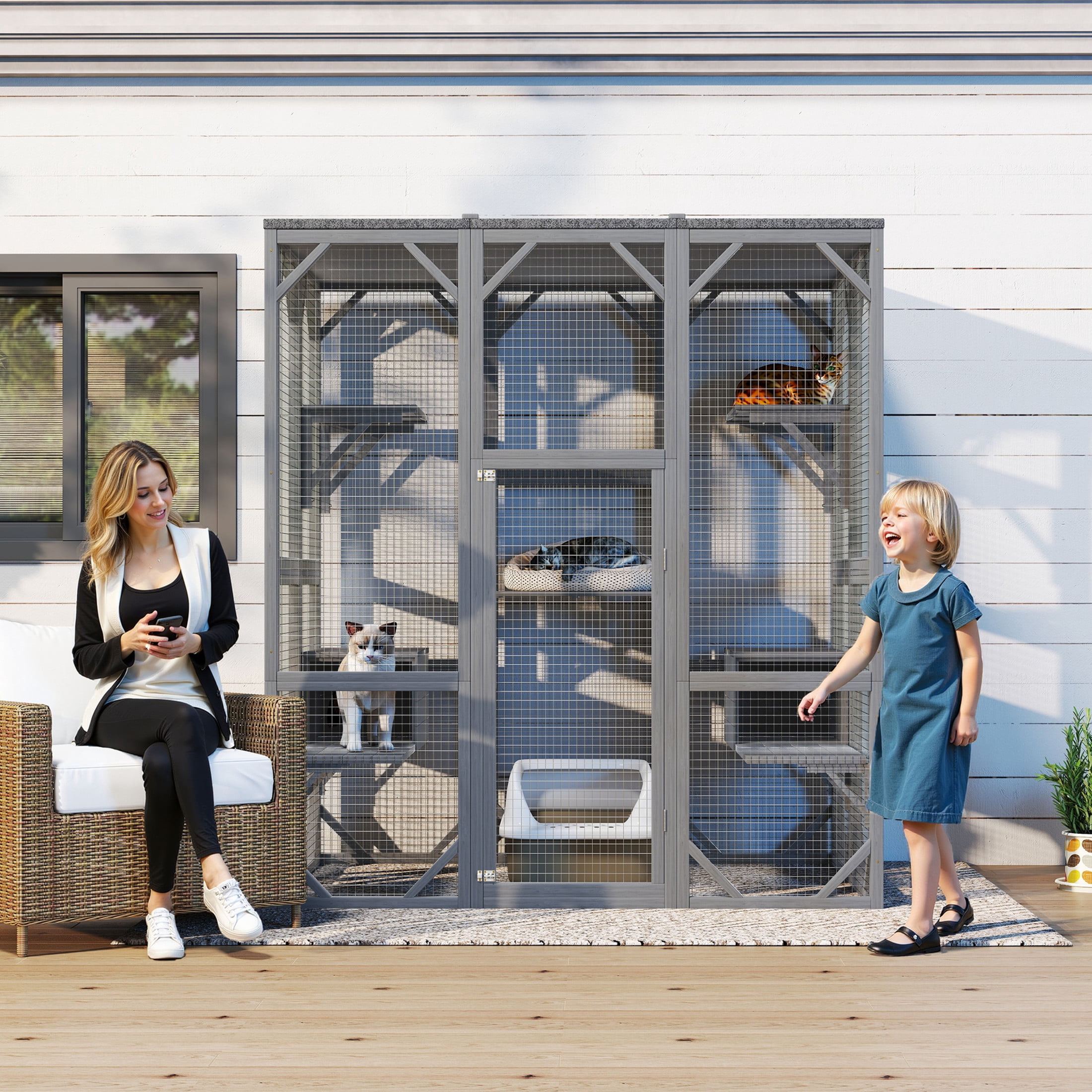 Noble House Large Outdoor Cat Enclosure, Wood Cat House with 6 Platforms & Lockable Doors for Patio Garden, Gray