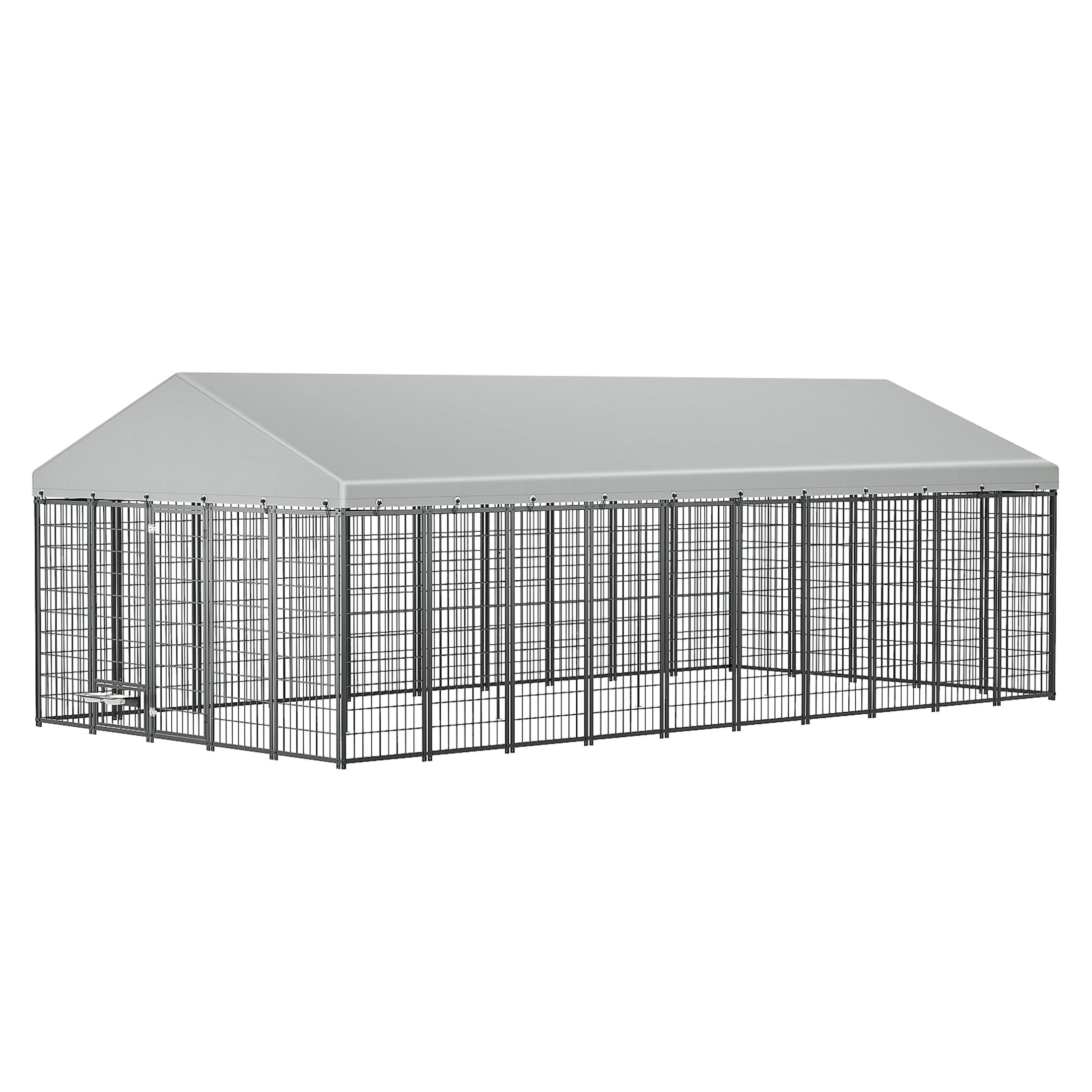 Noble House Large Outdoor Dog Kennel with Roof Cover, Metal Pet Pens 18.9'L x 9.61'W x 6.76'H, Black