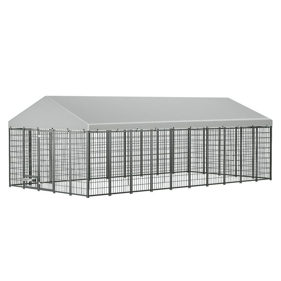Noble House Large Outdoor Dog Kennel with Roof Cover, Metal Pet Pens 18.9'L x 9.61'W x 6.76'H, Black