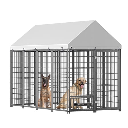 Noble House Large Outdoor Dog Kennel with Roof Cover, Metal Pet Pens 7.94'L x 4.13'W x 5.95'H, Black