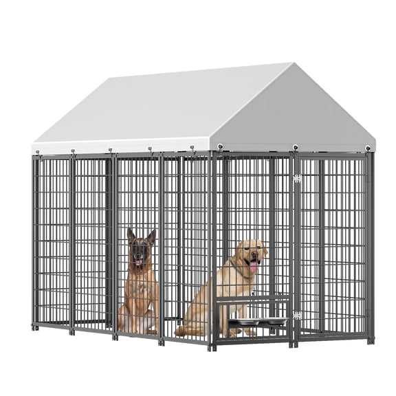 Noble House Large Outdoor Dog Kennel with Roof Cover, Metal Pet Pens 7.94'L x 4.13'W x 5.95'H, Black