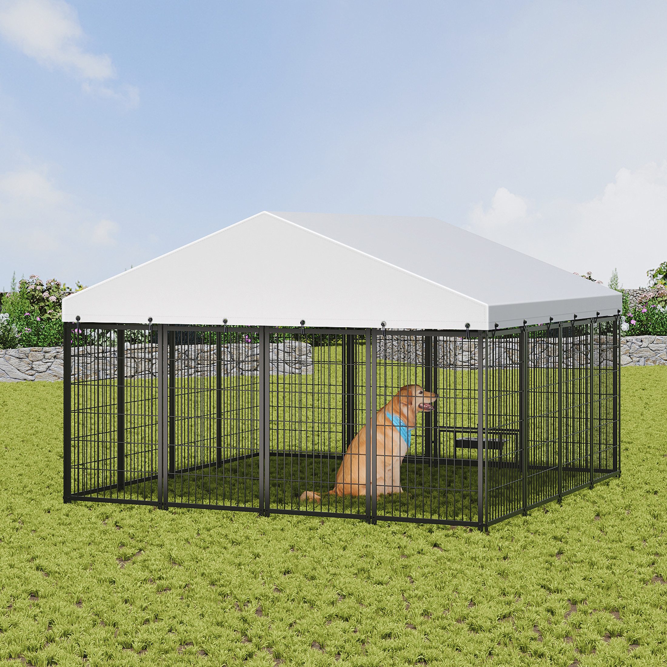 Noble House Large Outdoor Dog Kennel with Roof Cover, Metal Pet Pens 9.62'L x 9.35'W x 6.18'H, Black