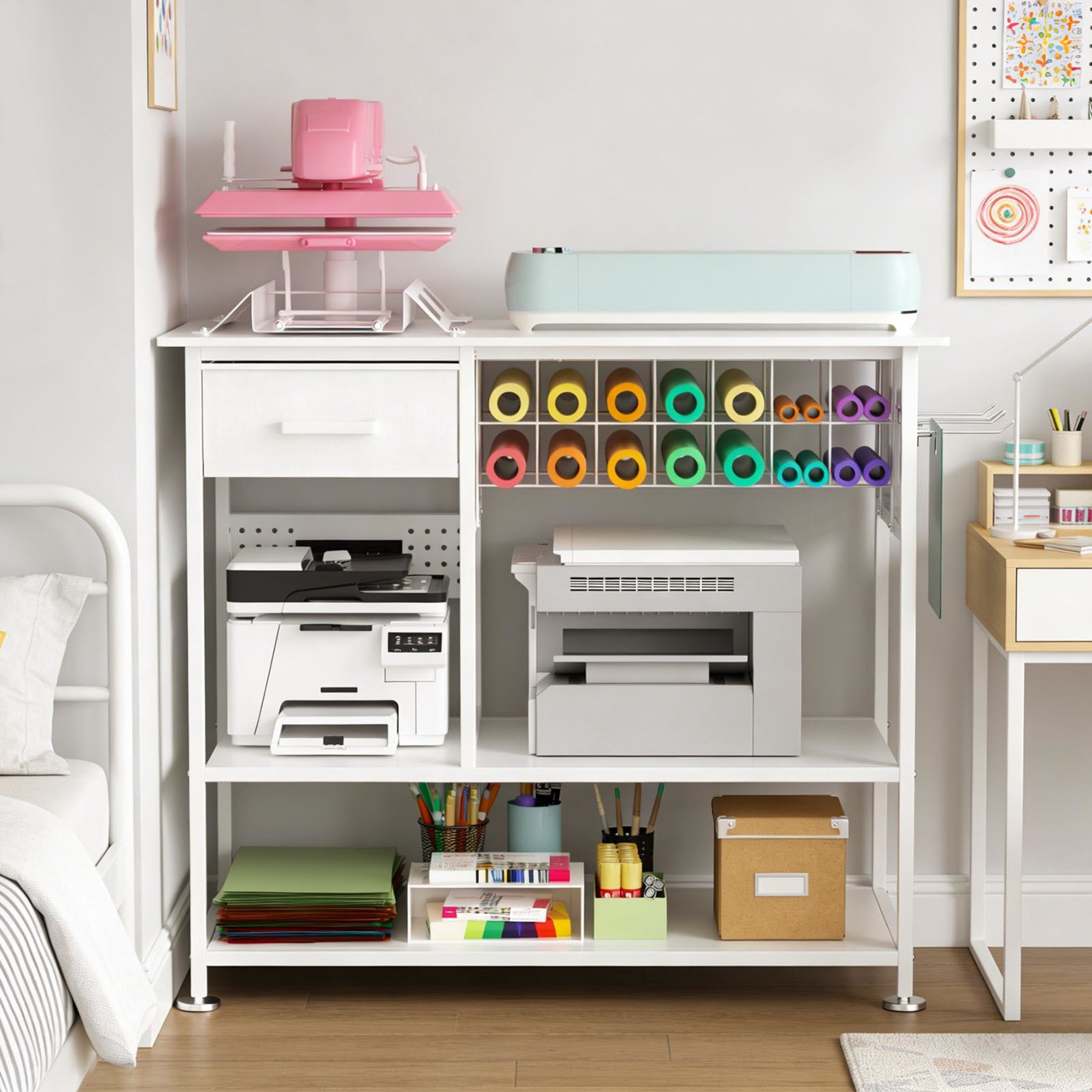 Noble House Large Rolling Heat Press Stand Desk, Metal Workbench with Vinyl Storage, Drawer & Charging Station, White
