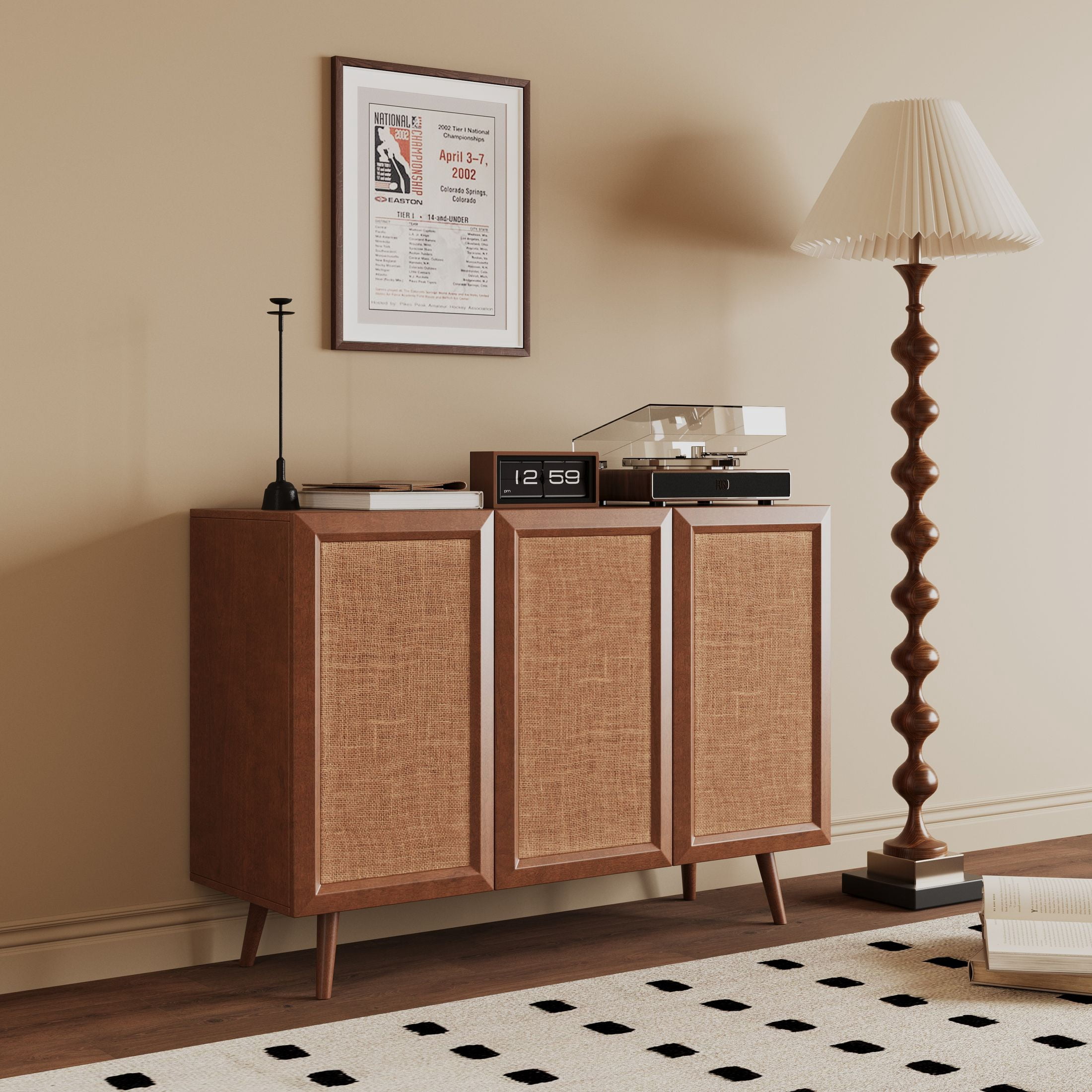Noble House Laris 47" 3-Door Rattan Buffet Cabinet with Solid Wood Door Frames, Accent Sideboard TV Stand, Walnut