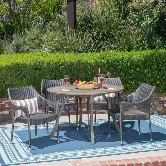 Noble House Laurent 5 Piece Wooden Round Patio Dining Set in Gray