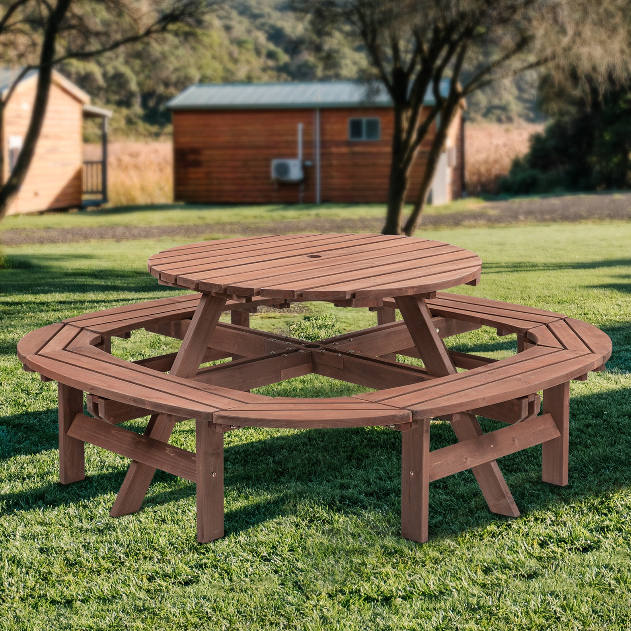 Noble House Lavinia Round Outdoor Fir Wood Picnic Table with Connected Ring Stool, for Patio, Backyard, Garden, Brown