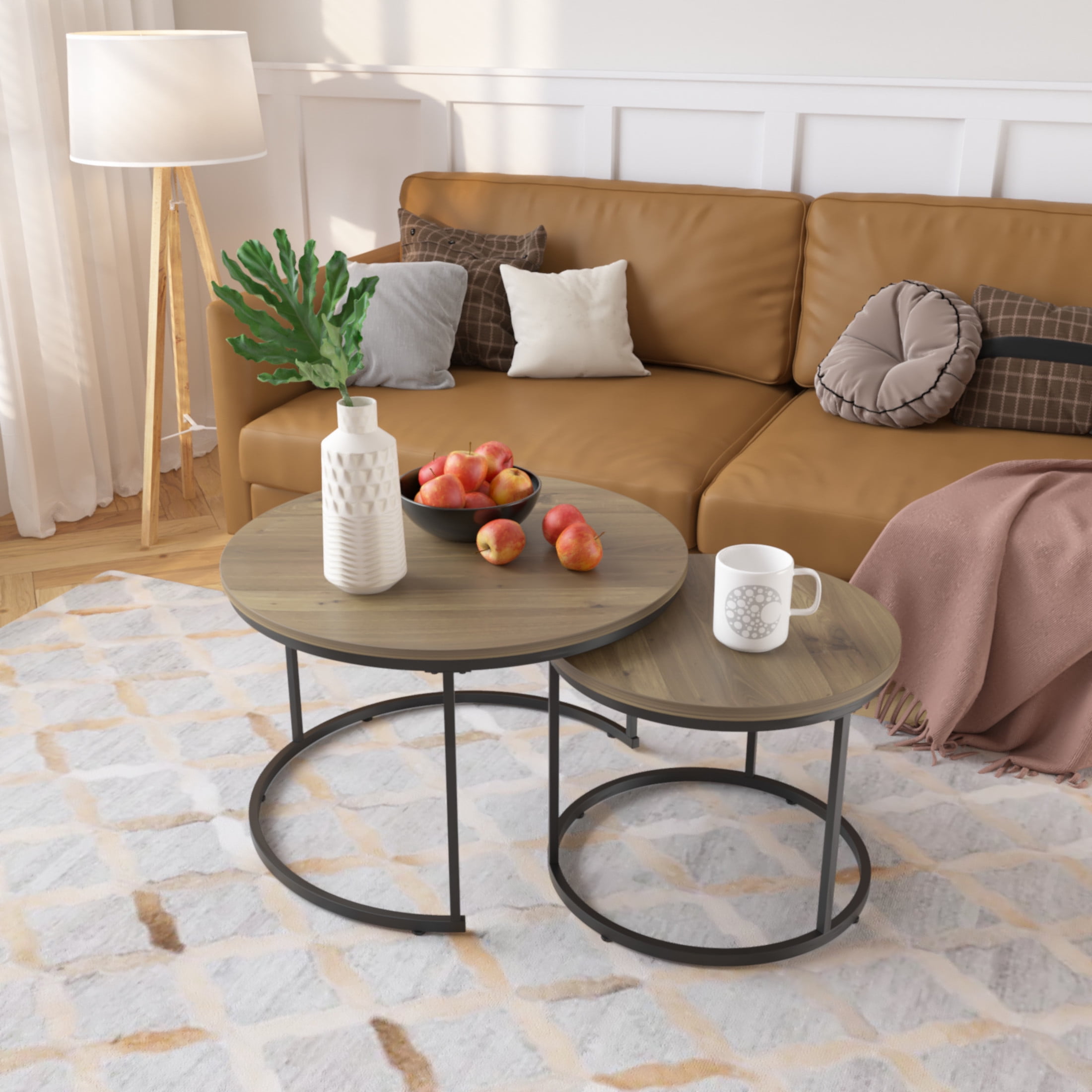 Noble House Lazura 27.6" Grain Look Nesting Coffee Table Set, Round MDF Top with Metal Base, Brown, Set of 2