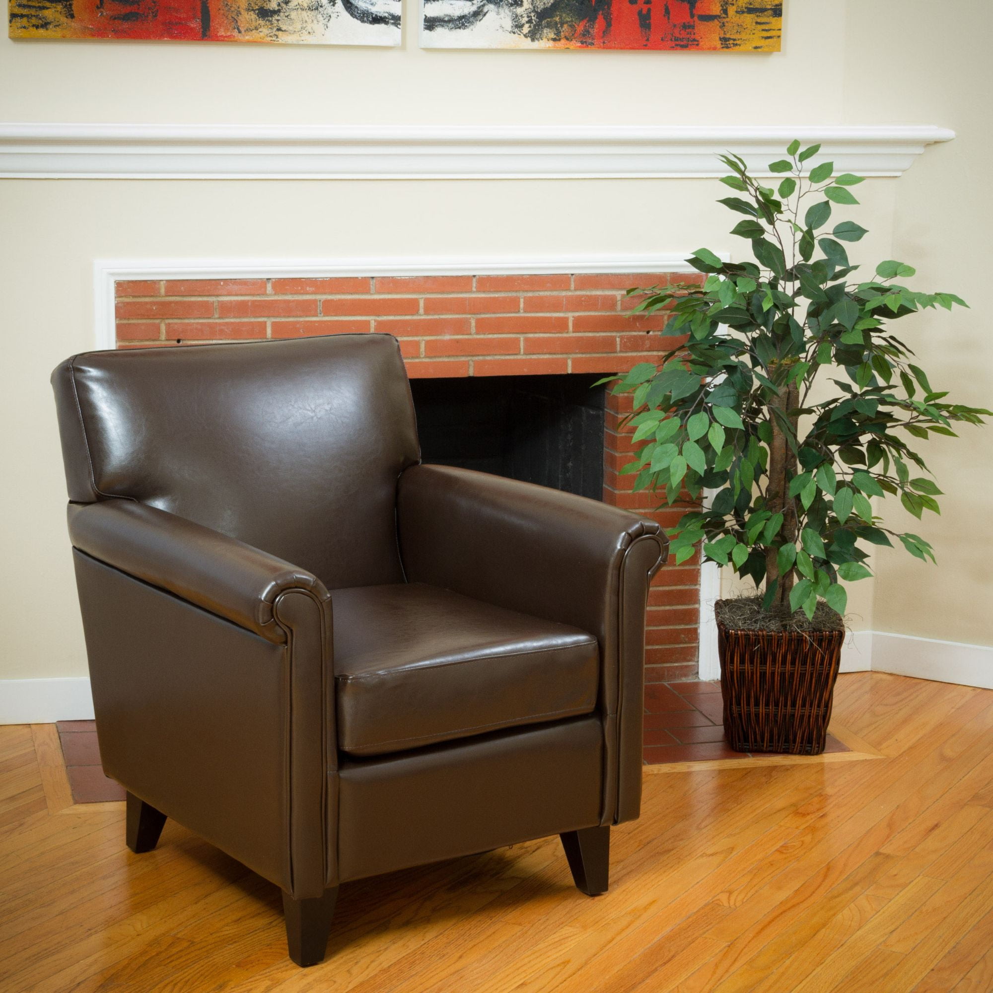 Brown Leather Accent Chair with Wood Legs