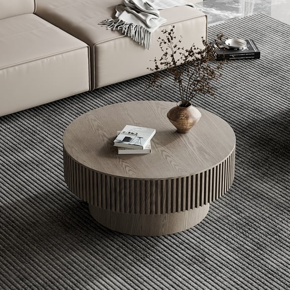 Noble House Leigh 31.5'' Round Modern Coffee Table with Hidden Storage, Solid Wood Veneer, Accent Tea Table, Grey