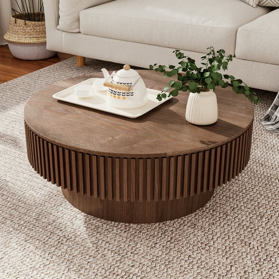 Noble House Leigh 31.5'' Round Modern Coffee Table with Hidden Storage, Solid Wood Veneer, Accent Tea Table, Walnut