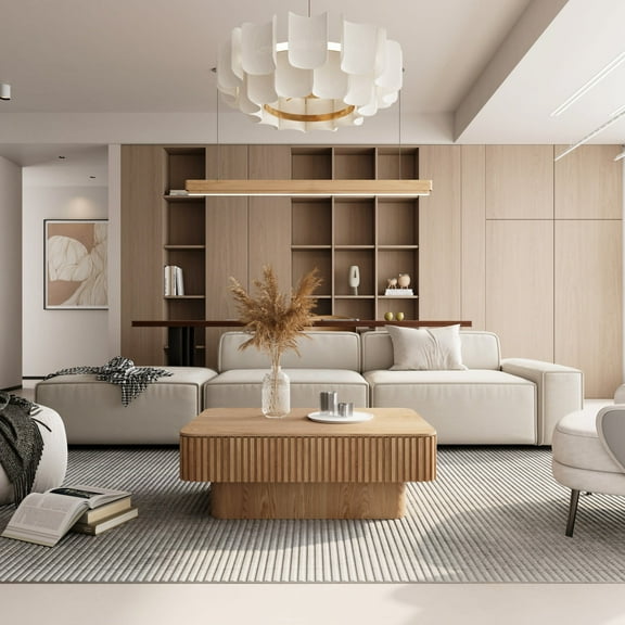 Noble House Leigh 38.6" Fluted Lift-Top Coffee Table with Adjustable Height, Hidden Storage, for Living Room, Natural